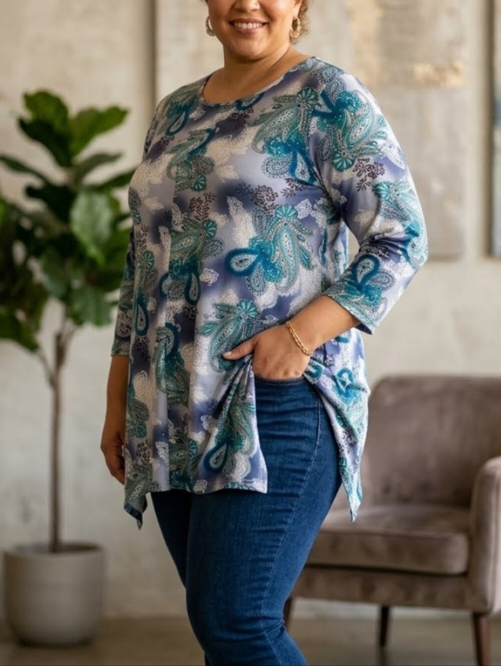 Larace Paisley Print V-Neck Handkerchief Hem Tunic Teal/Blue Womans Plus